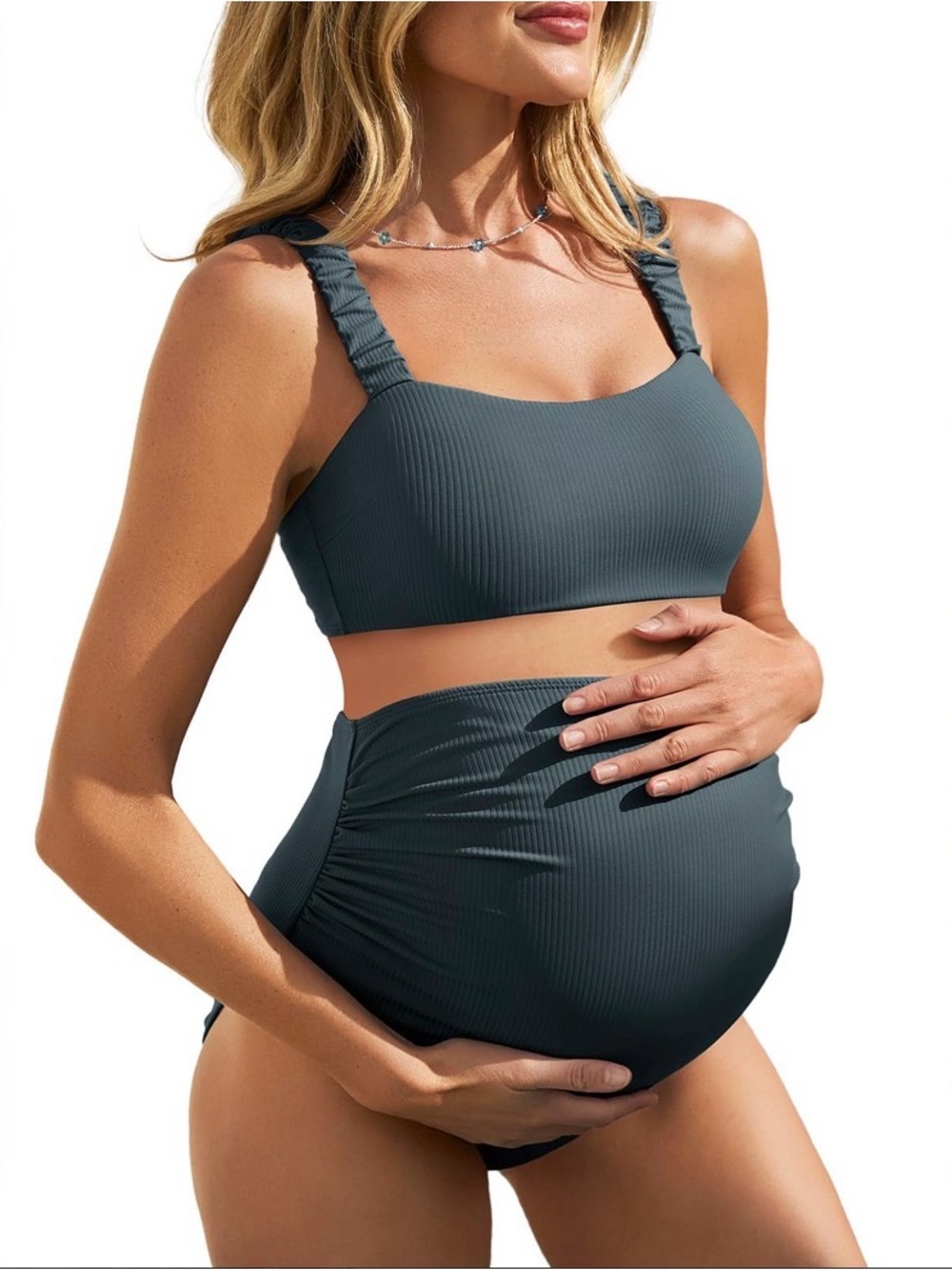 Maternity Ribbed Tank Bikini Set - Slate Green
